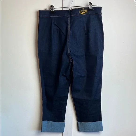 Hell Bunny Charlie Dark Blue Cuffed Capri Jeans Pants Rockabilly Pedal Pushers L - Picture 7 of 8
